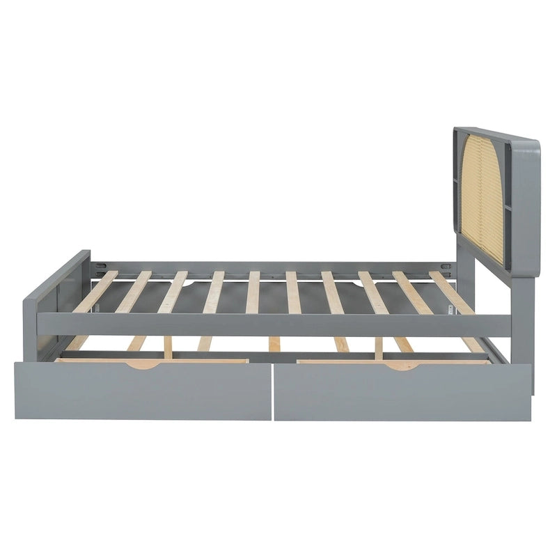 Queen Size Platform Bed Frame with Rattan Headboard, 2 Drawers and Pull-Out Trundle