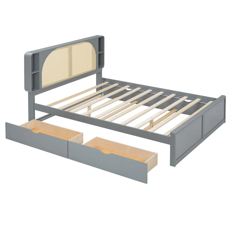 Queen Size Platform Bed Frame with Rattan Headboard, 2 Drawers and Pull-Out Trundle