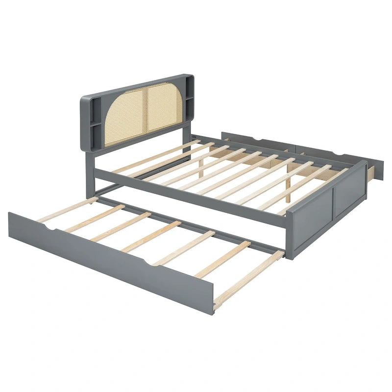 Queen Size Platform Bed Frame with Rattan Headboard, 2 Drawers and Pull-Out Trundle