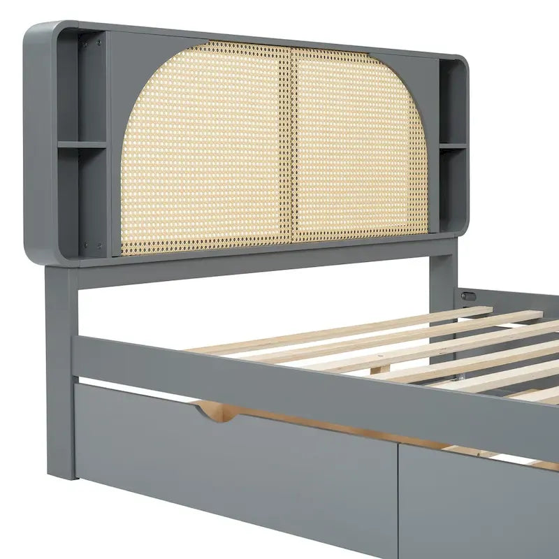 Queen Size Platform Bed Frame with Rattan Headboard, 2 Drawers and Pull-Out Trundle