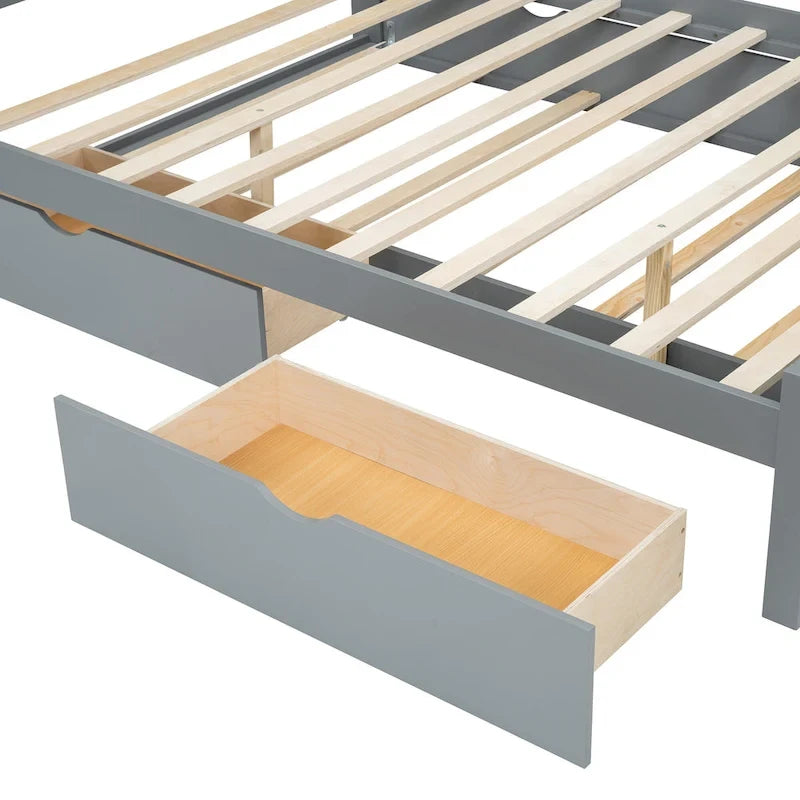 Queen Size Platform Bed Frame with Rattan Headboard, 2 Drawers and Pull-Out Trundle