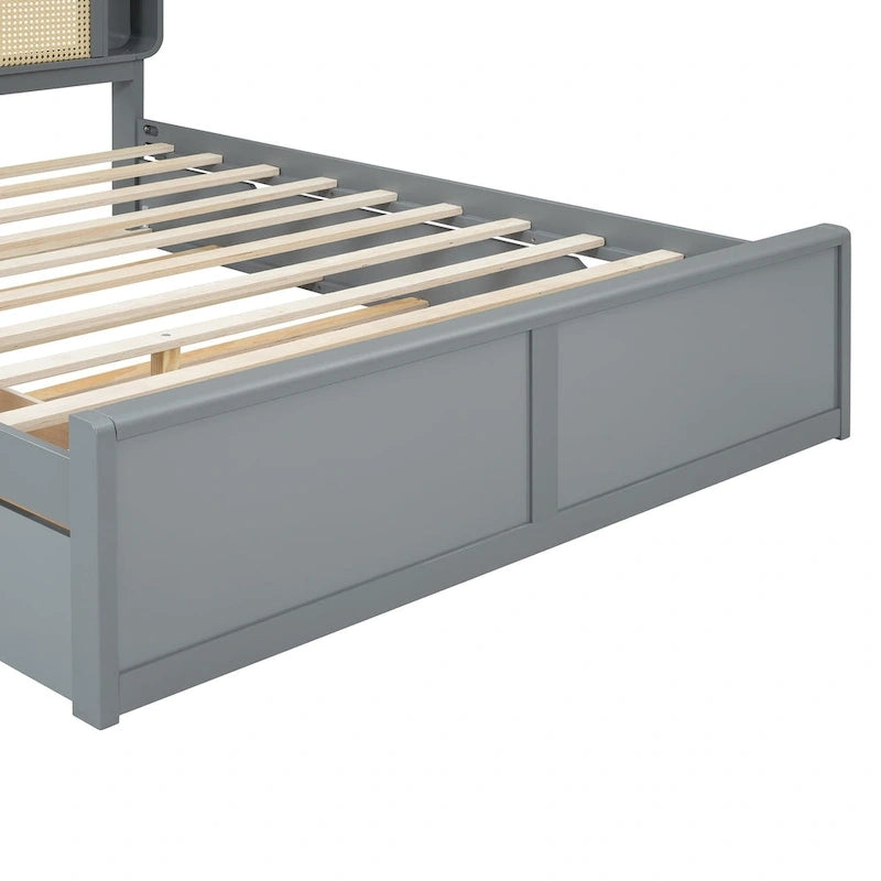 Queen Size Platform Bed Frame with Rattan Headboard, 2 Drawers and Pull-Out Trundle