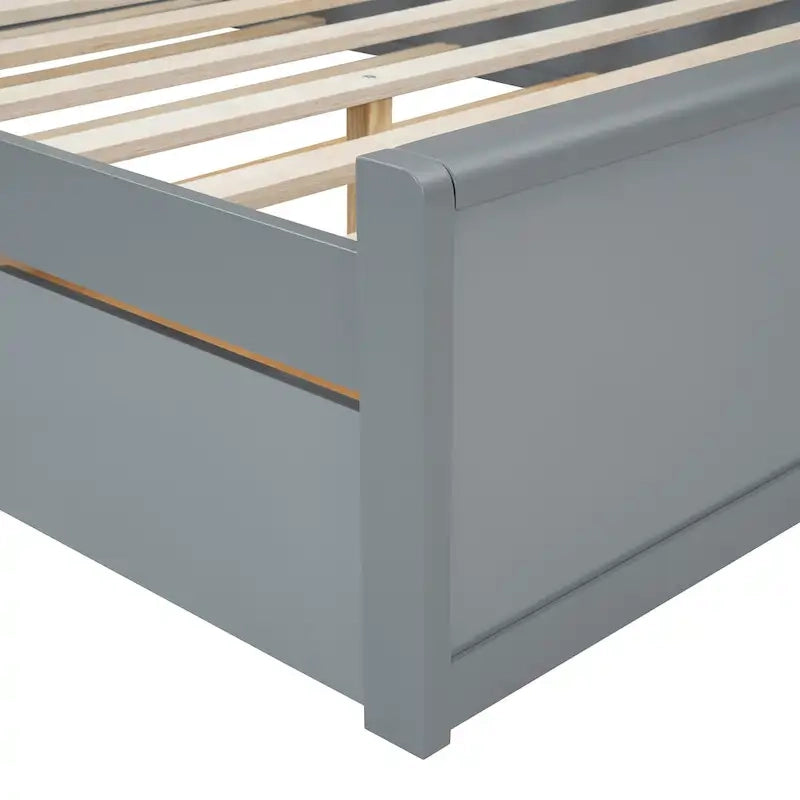 Queen Size Platform Bed Frame with Rattan Headboard, 2 Drawers and Pull-Out Trundle