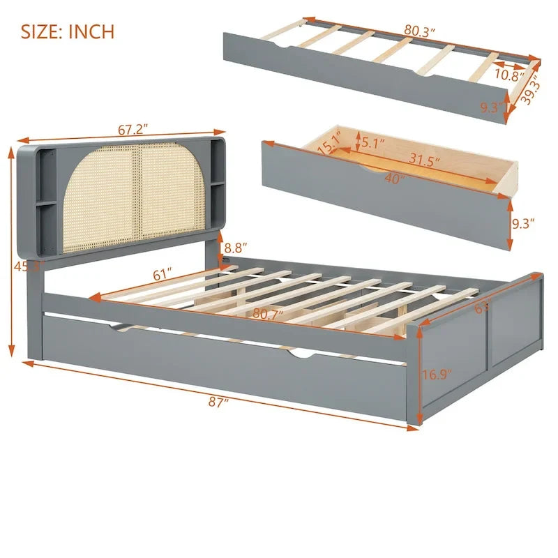 Queen Size Platform Bed Frame with Rattan Headboard, 2 Drawers and Pull-Out Trundle