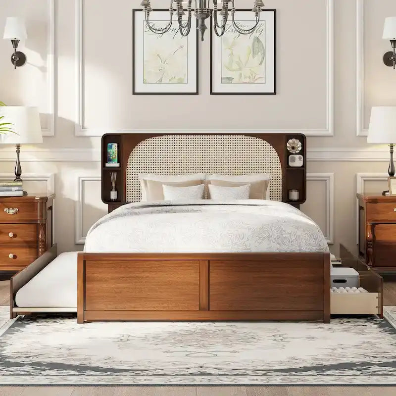 Queen Size Platform Bed Frame with Rattan Headboard, 2 Drawers and Pull-Out Trundle
