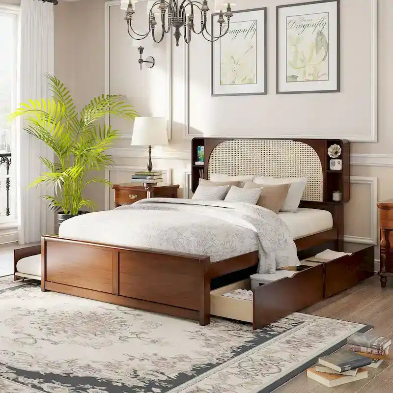 Queen Size Platform Bed Frame with Rattan Headboard, 2 Drawers and Pull-Out Trundle