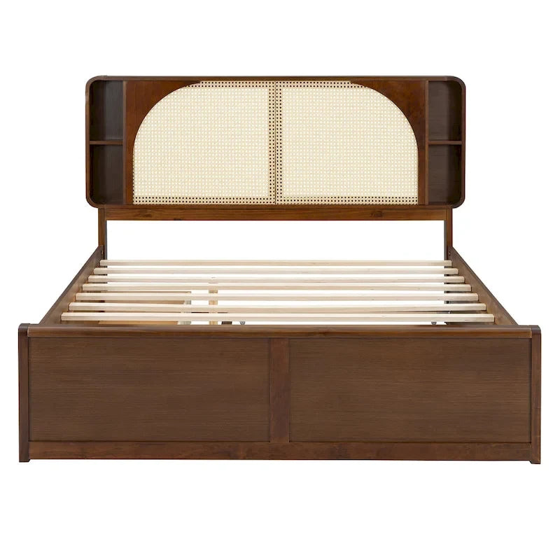 Queen Size Platform Bed Frame with Rattan Headboard, 2 Drawers and Pull-Out Trundle