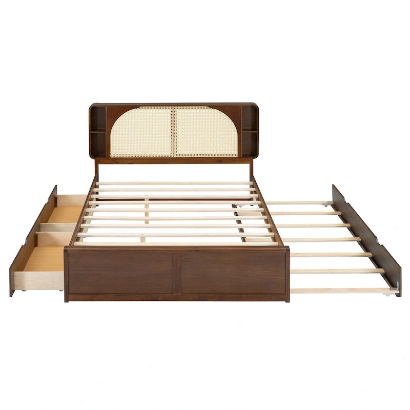 Queen Size Platform Bed Frame with Rattan Headboard, 2 Drawers and Pull-Out Trundle