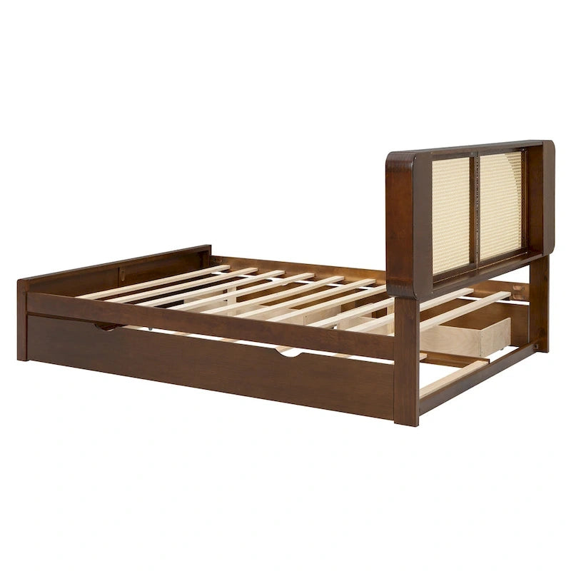 Queen Size Platform Bed Frame with Rattan Headboard, 2 Drawers and Pull-Out Trundle