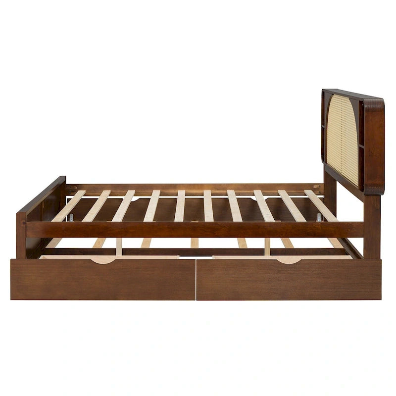 Queen Size Platform Bed Frame with Rattan Headboard, 2 Drawers and Pull-Out Trundle