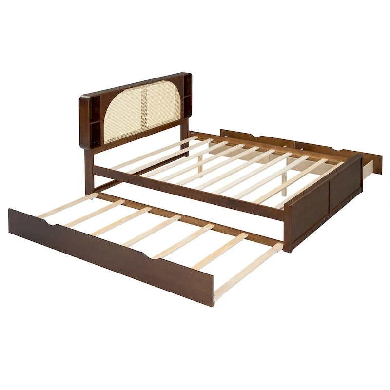 Queen Size Platform Bed Frame with Rattan Headboard, 2 Drawers and Pull-Out Trundle
