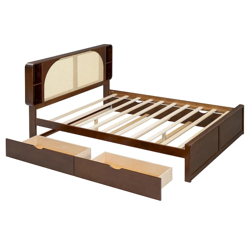 Queen Size Platform Bed Frame with Rattan Headboard, 2 Drawers and Pull-Out Trundle