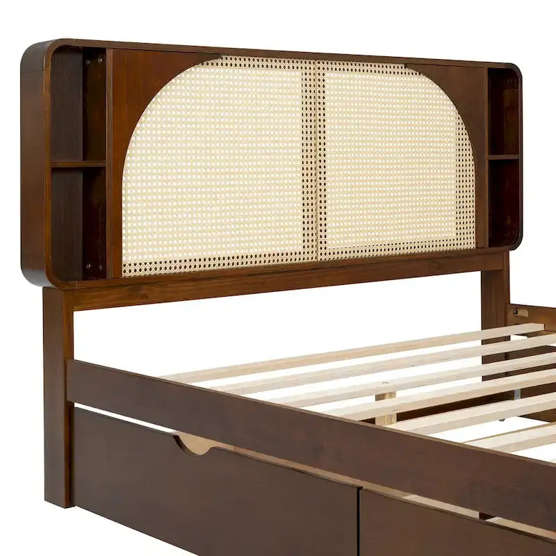 Queen Size Platform Bed Frame with Rattan Headboard, 2 Drawers and Pull-Out Trundle