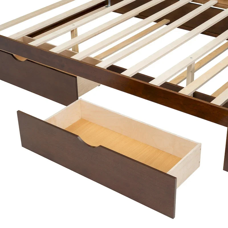 Queen Size Platform Bed Frame with Rattan Headboard, 2 Drawers and Pull-Out Trundle