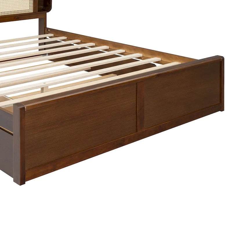 Queen Size Platform Bed Frame with Rattan Headboard, 2 Drawers and Pull-Out Trundle