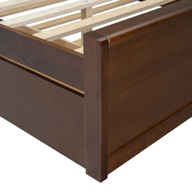 Queen Size Platform Bed Frame with Rattan Headboard, 2 Drawers and Pull-Out Trundle