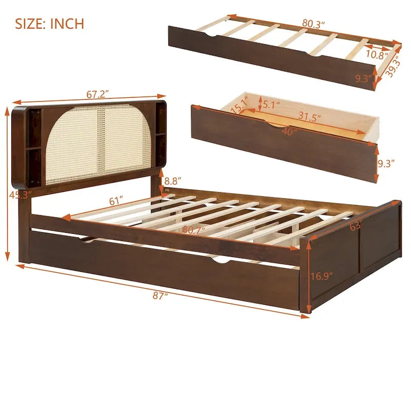 Queen Size Platform Bed Frame with Rattan Headboard, 2 Drawers and Pull-Out Trundle