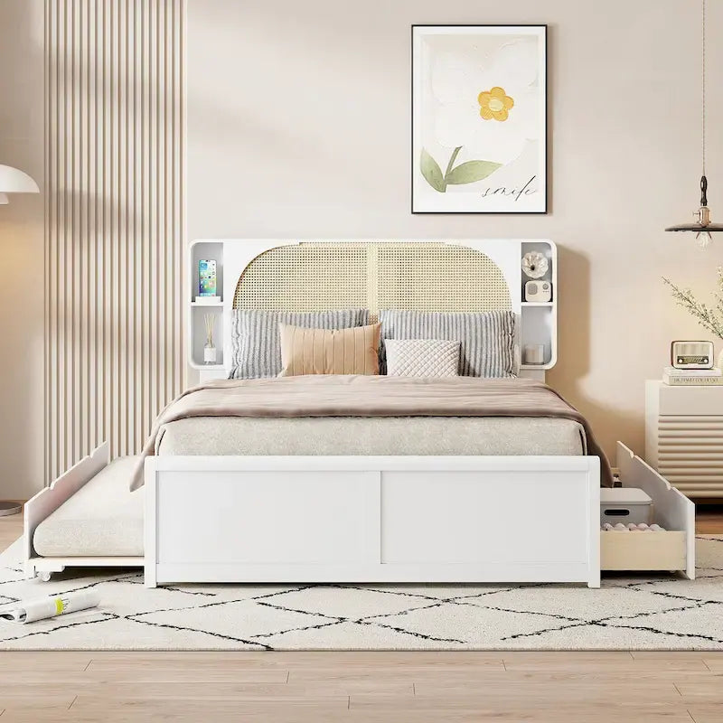 Queen Size Platform Bed Frame with Rattan Headboard, 2 Drawers and Pull-Out Trundle