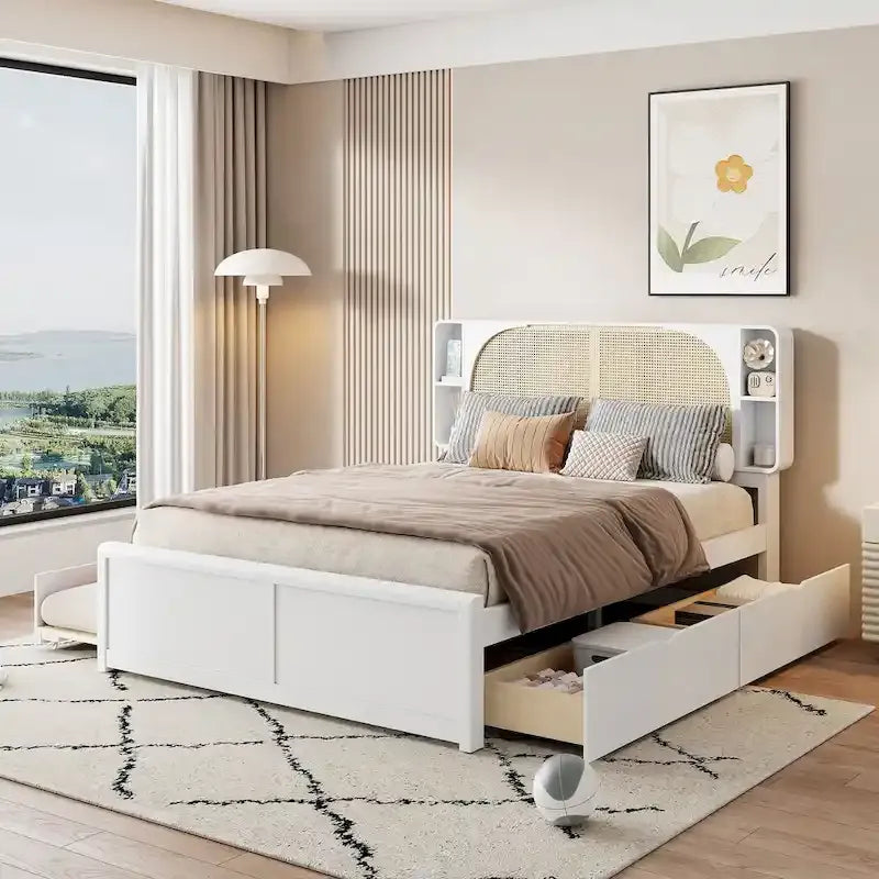 Queen Size Platform Bed Frame with Rattan Headboard, 2 Drawers and Pull-Out Trundle