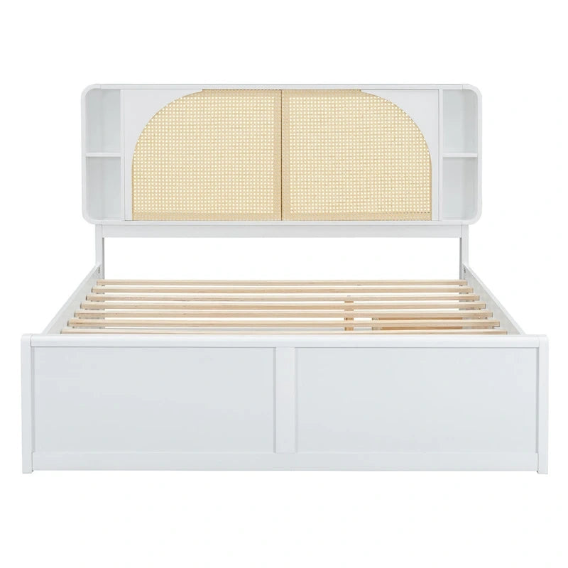 Queen Size Platform Bed Frame with Rattan Headboard, 2 Drawers and Pull-Out Trundle