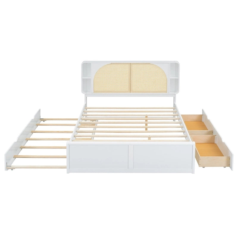 Queen Size Platform Bed Frame with Rattan Headboard, 2 Drawers and Pull-Out Trundle