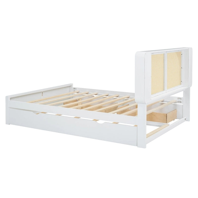 Queen Size Platform Bed Frame with Rattan Headboard, 2 Drawers and Pull-Out Trundle