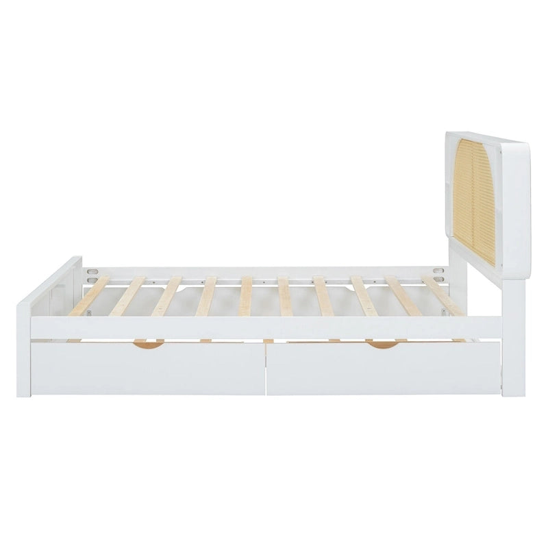 Queen Size Platform Bed Frame with Rattan Headboard, 2 Drawers and Pull-Out Trundle