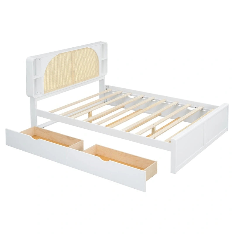 Queen Size Platform Bed Frame with Rattan Headboard, 2 Drawers and Pull-Out Trundle