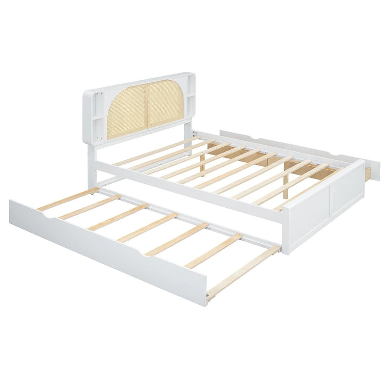 Queen Size Platform Bed Frame with Rattan Headboard, 2 Drawers and Pull-Out Trundle