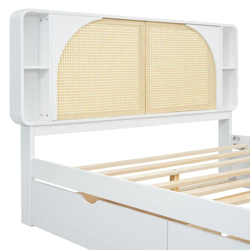 Queen Size Platform Bed Frame with Rattan Headboard, 2 Drawers and Pull-Out Trundle