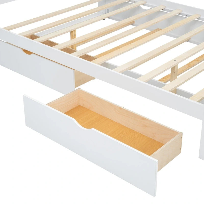 Queen Size Platform Bed Frame with Rattan Headboard, 2 Drawers and Pull-Out Trundle
