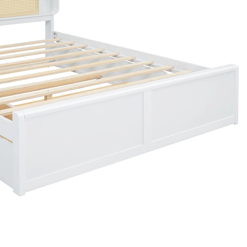 Queen Size Platform Bed Frame with Rattan Headboard, 2 Drawers and Pull-Out Trundle