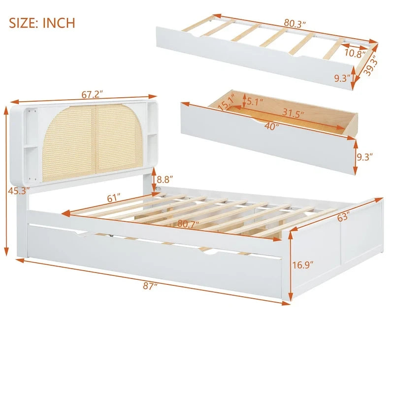 Queen Size Platform Bed Frame with Rattan Headboard, 2 Drawers and Pull-Out Trundle