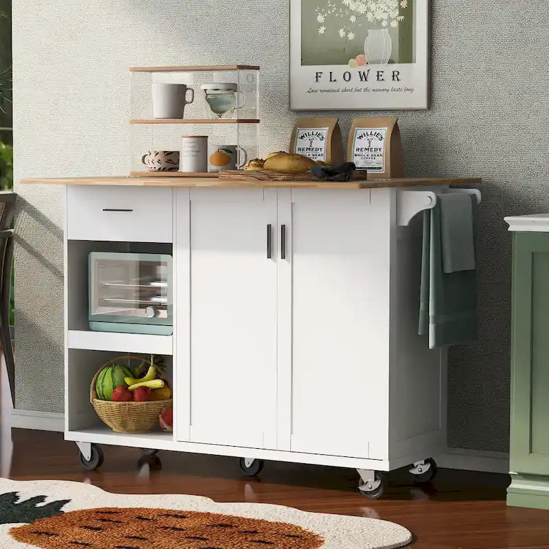 Kitchen Island with Foldable Countertop, Storage Drawer and Cabinet on Wheels