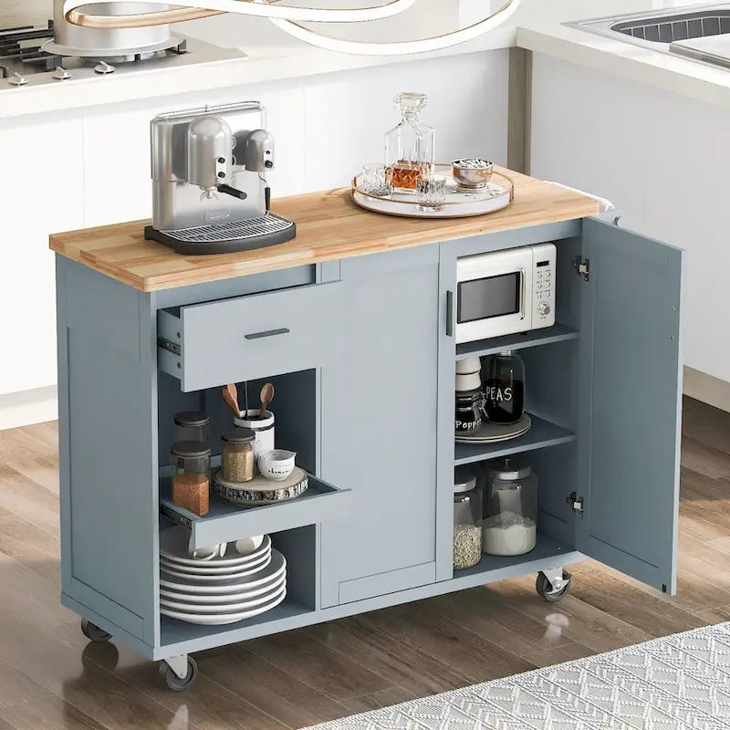 Kitchen Island with Foldable Countertop, Storage Drawer and Cabinet on Wheels