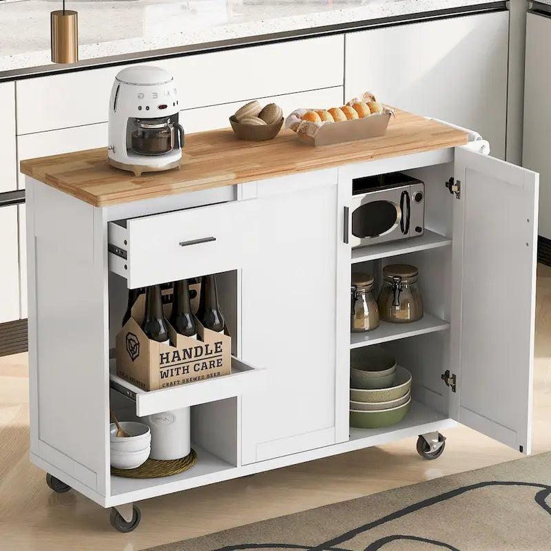 Kitchen Island with Foldable Countertop, Storage Drawer and Cabinet on Wheels