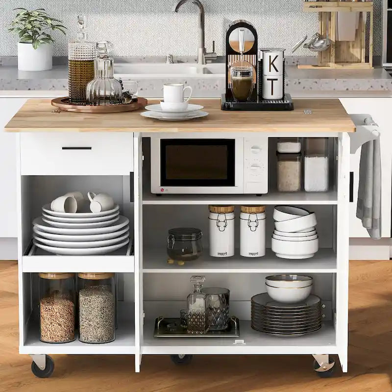 Kitchen Island with Foldable Countertop, Storage Drawer and Cabinet on Wheels
