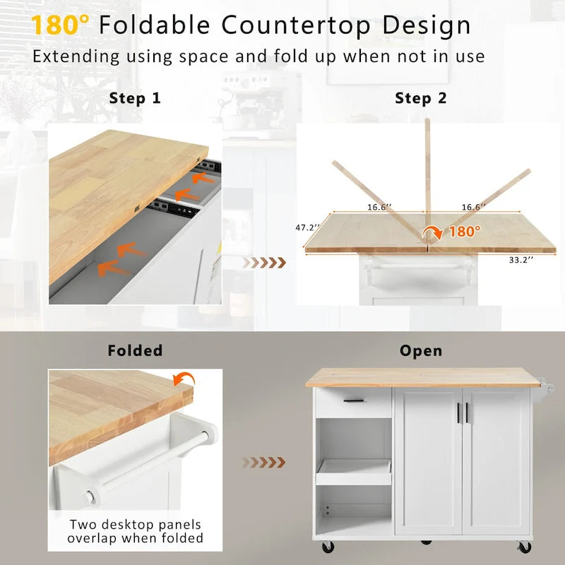 Kitchen Island with Foldable Countertop, Storage Drawer and Cabinet on Wheels