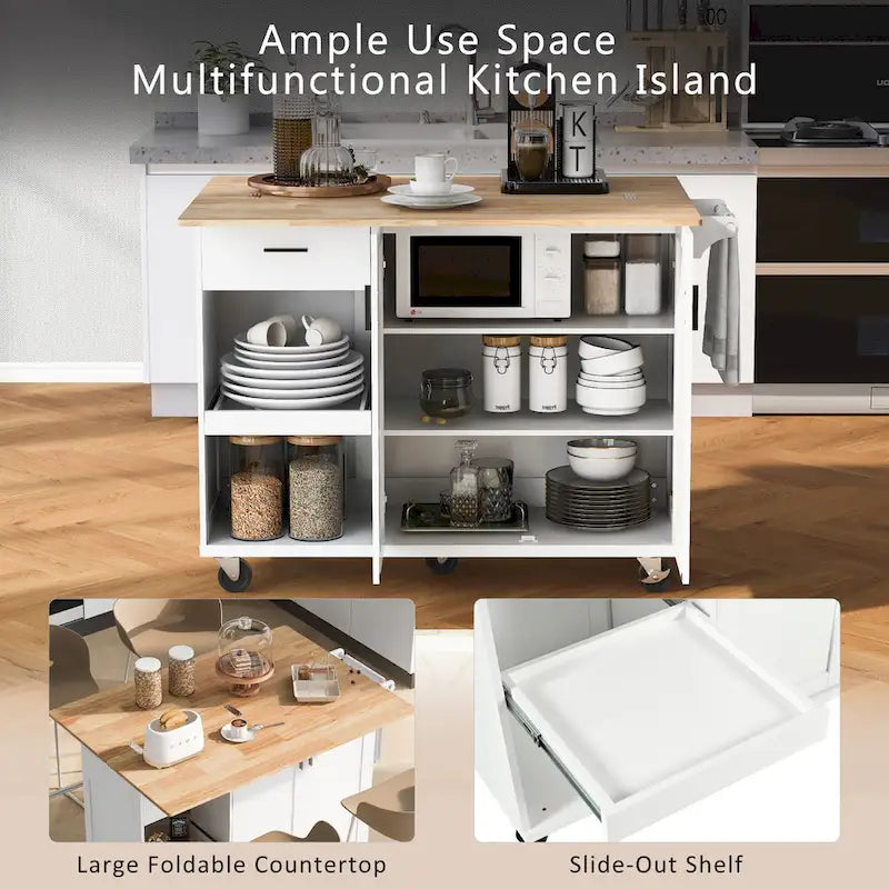 Kitchen Island with Foldable Countertop, Storage Drawer and Cabinet on Wheels