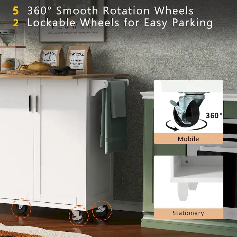 Kitchen Island with Foldable Countertop, Storage Drawer and Cabinet on Wheels