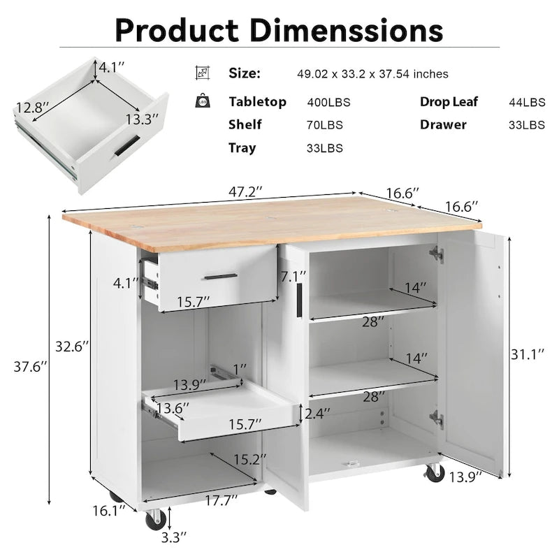 Kitchen Island with Foldable Countertop, Storage Drawer and Cabinet on Wheels