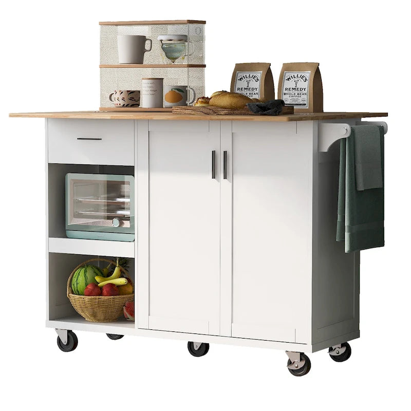 Kitchen Island with Foldable Countertop, Storage Drawer and Cabinet on Wheels