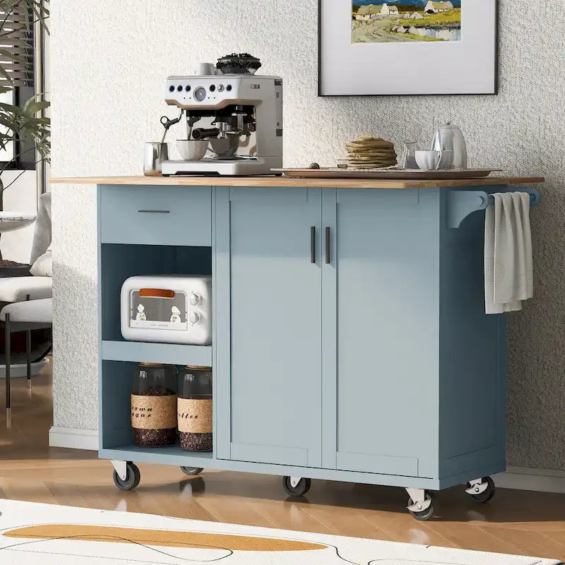Kitchen Island with Foldable Countertop, Storage Drawer and Cabinet on Wheels
