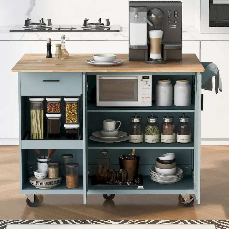 Kitchen Island with Foldable Countertop, Storage Drawer and Cabinet on Wheels