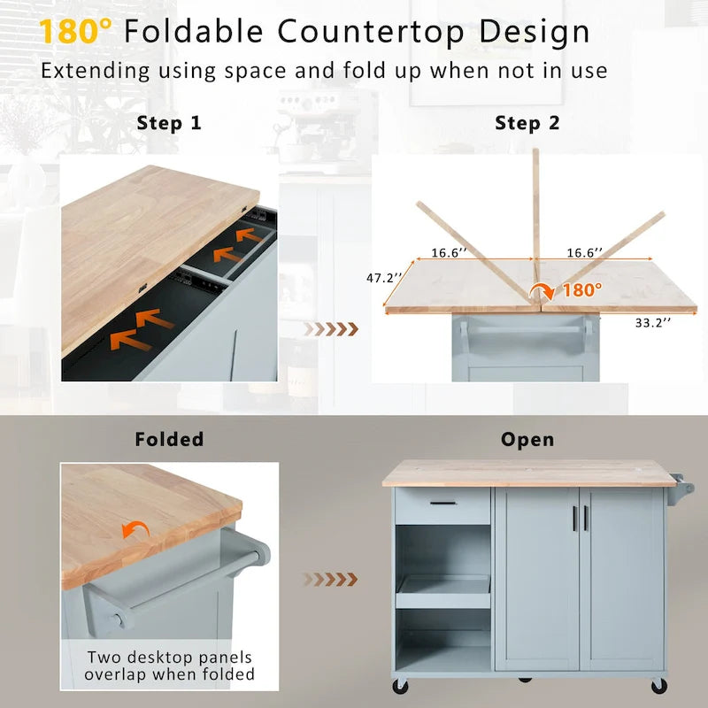 Kitchen Island with Foldable Countertop, Storage Drawer and Cabinet on Wheels