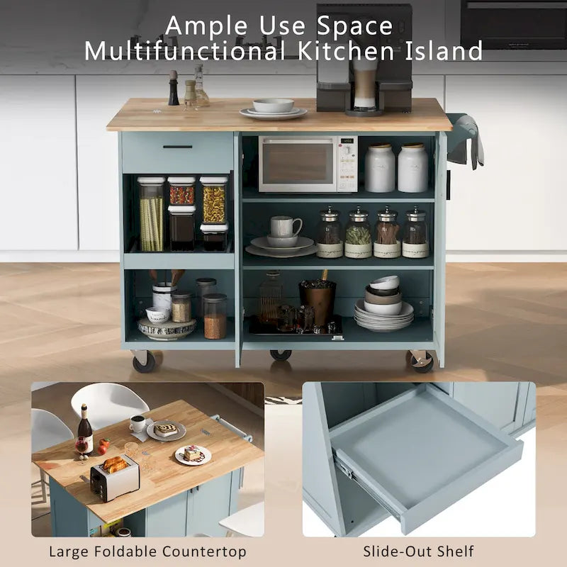 Kitchen Island with Foldable Countertop, Storage Drawer and Cabinet on Wheels