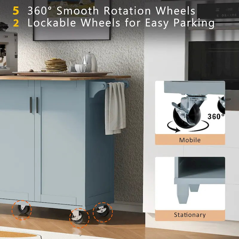 Kitchen Island with Foldable Countertop, Storage Drawer and Cabinet on Wheels