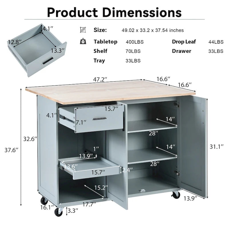 Kitchen Island with Foldable Countertop, Storage Drawer and Cabinet on Wheels