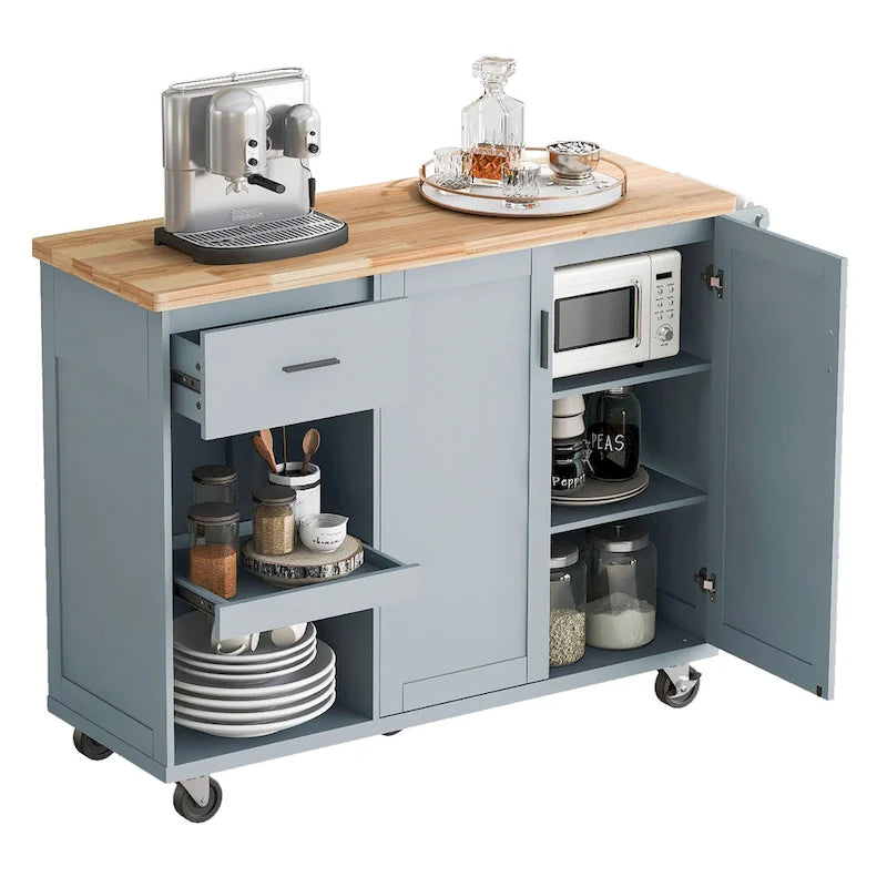 Kitchen Island with Foldable Countertop, Storage Drawer and Cabinet on Wheels