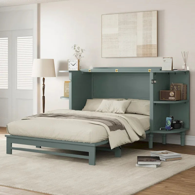 Farmhouse Murphy Bed with Curved Shelves and Charging Station